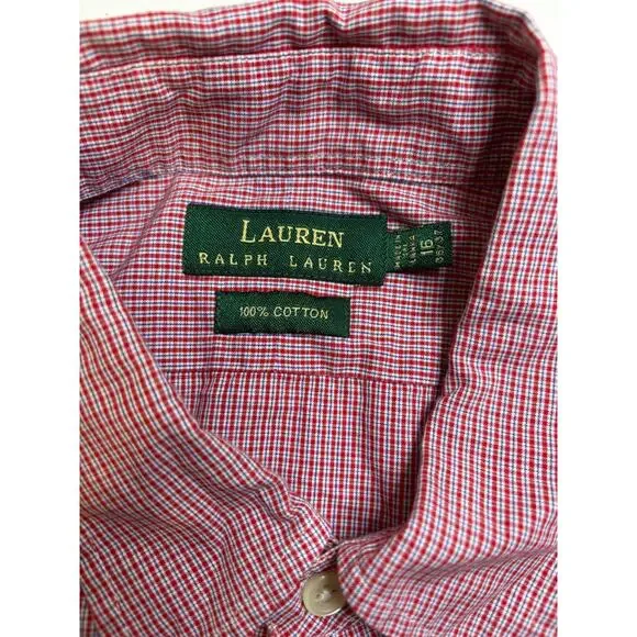 Lauren Ralph Lauren Dress Shirt Mens 16 36/37 Red White Gingham Check Cotton L/S - Picture 3 of 11